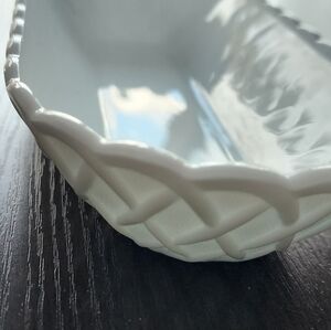White milkglass weave oblong dish, 10" x 5" tapered, scalloped rim, VINTAGE